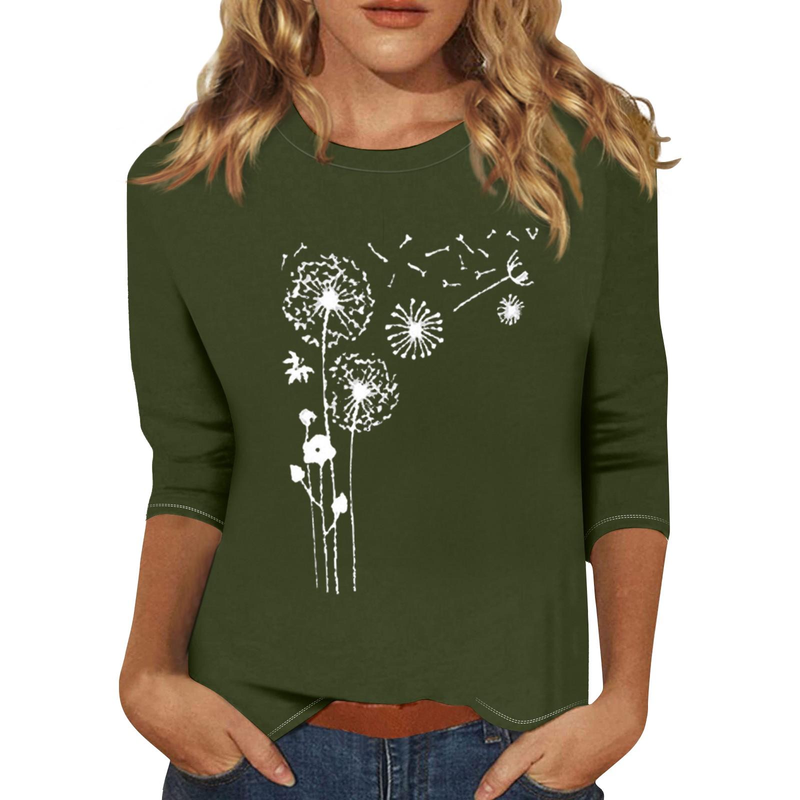 

Жіноча модна повсякденна вільна футболка з принтом і круглим вирізом з рукавом 3/4 L зелений