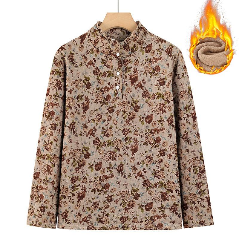 

Long-sleeved semi-turtleneck thickened bottoming shirt winter T-shirt warm floral autumn clothes old lady 5XL [recommended 150-80 kg]