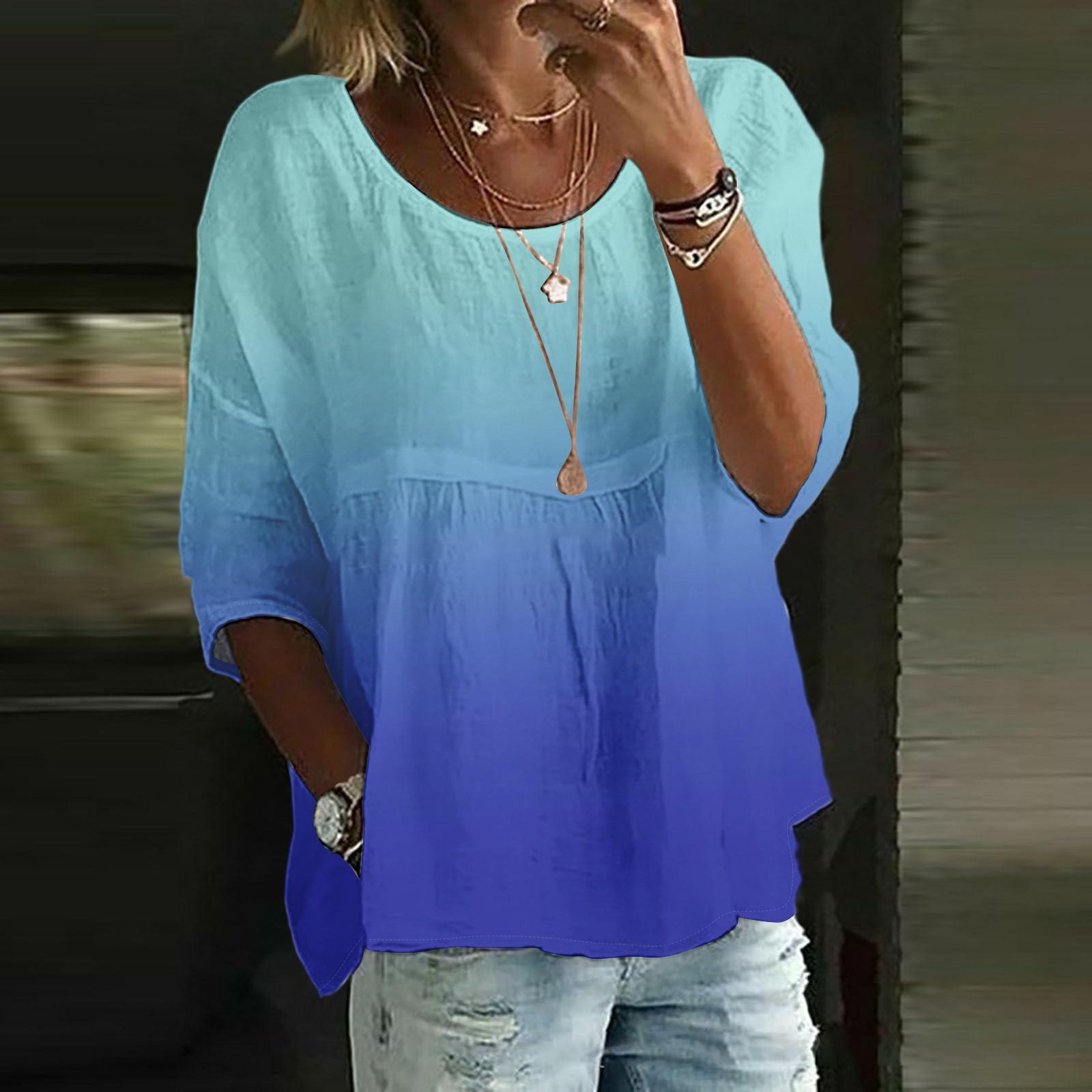 

Льняные рубашки для женщин с рукавом 3/4 на пуговицах с круглым вырезом летние топы нарядные повседневные милые рубашки XL синий
