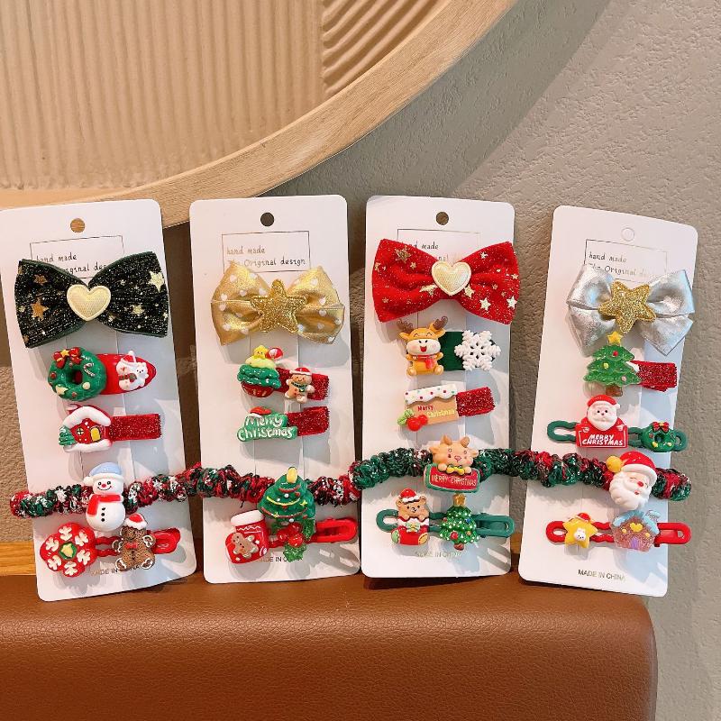 5Pcs/Set  Christmas Hair Clip Hair Tie Children Christmas Gifts Cute Santa Claus Snowman Elk Hair Accessories