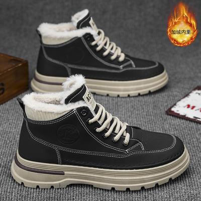 Modne Zimowe Buty Męskie Modne Skórzane Botki High Top dla Mężczyzn Pluszowe Ciepłe Bawełniane Buty Outdoorowe Antypoślizgowe Buty Trekkingowe Botas Masculinas
