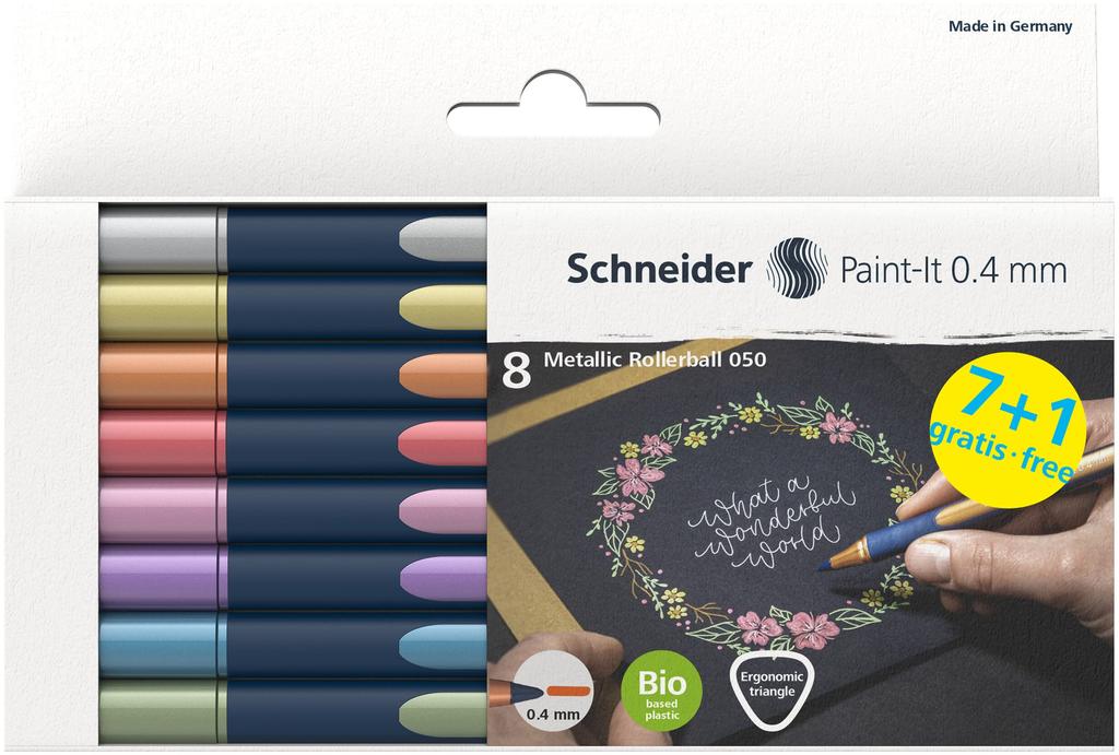 Schneider Paint it 050 Metallic Rollerball ML05011502 Pen, 0.4mm Tip, 8-Color Set, Water-Based Pigment,