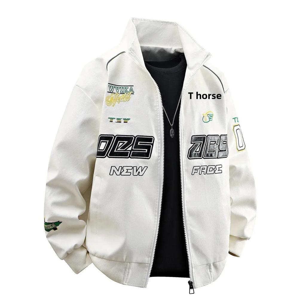 American Style Motorcycle PU Leather Jacket Trendy Black White Heavyweight Biker Jacket Men's Loose Fit Padded Outerwear