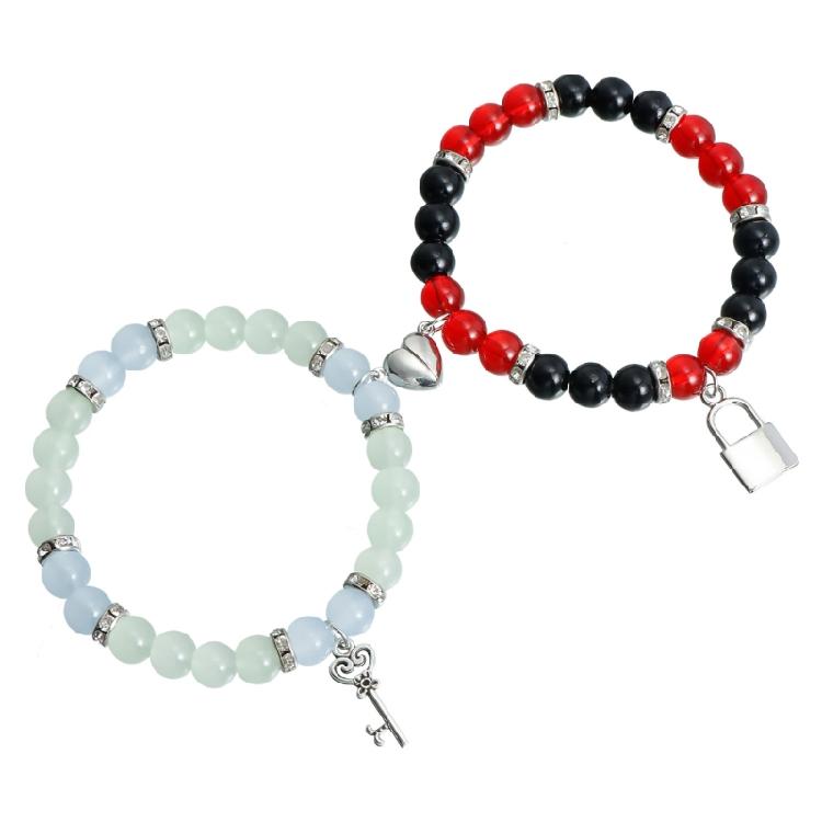 2Pieces Elegant Crystal Bead Bracelet Magnetic Clasp Handchain for Couples Adjustable Matching Wristbands Accessory