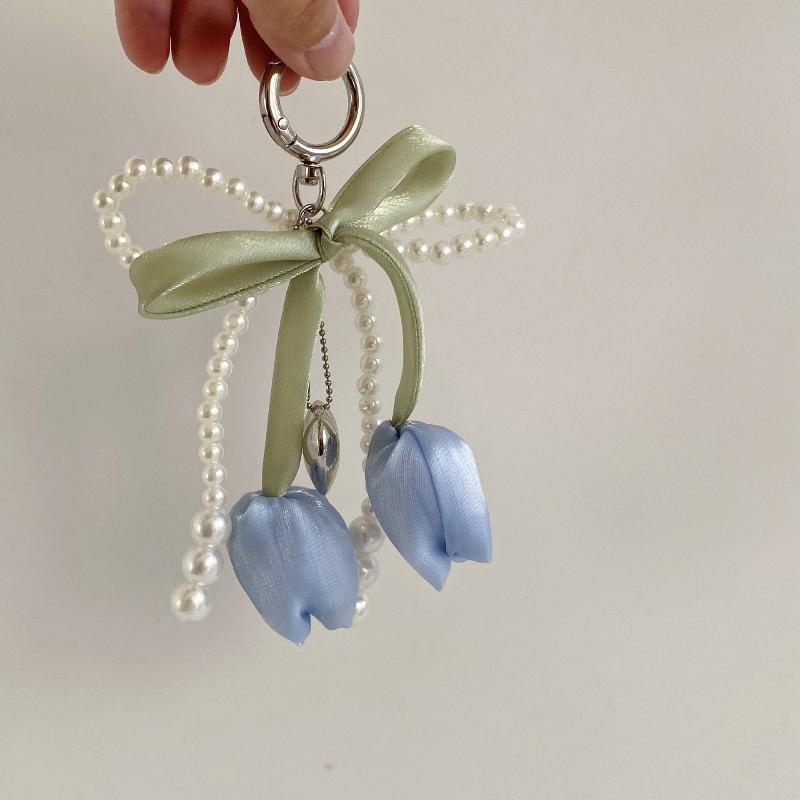 1 ks Přívěsek na tašku s mašlí, perlou a tulipánem, klíčenka, šperk pro ženy, klíčenky, DIY dekorace
