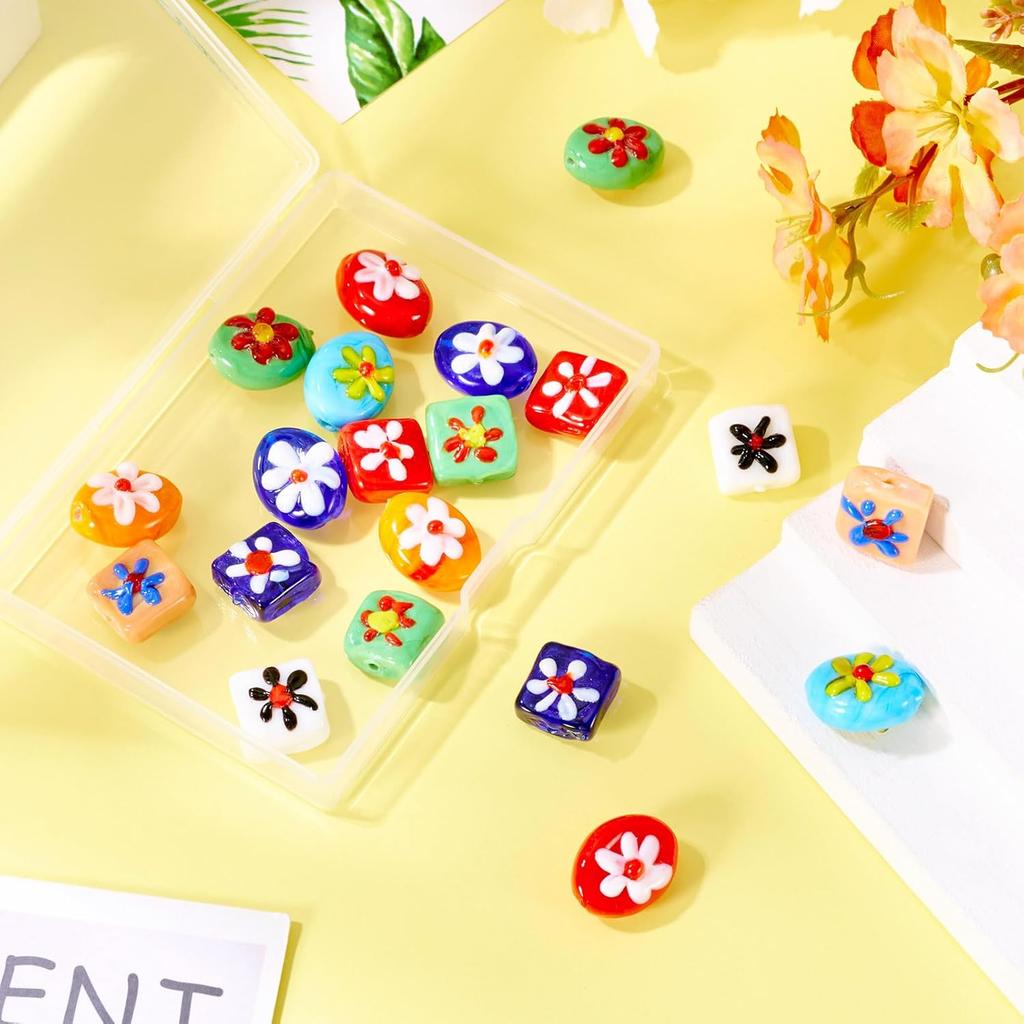 20 Stück Oval Quadratisch Blumenmuster Handgefertigt Lampwork Perlen Bunt Millefiori Lampwork Glasperlen Niedlich Floral Flach Oval Würfel Abstandsperlen für DIY