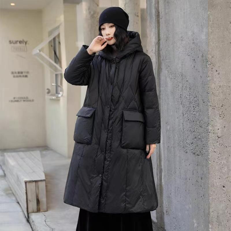 Literary retro loose large size long down jacket women's Chinese style slim fit hooded knee autumn and winter coat