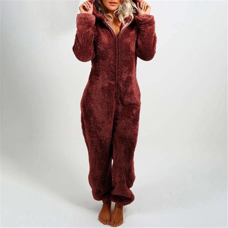 2025 European & American Autumn/Winter Women's Fleece-Lined Fur Jumpsuit Pajamas, Hooded, Available in 17 Colors