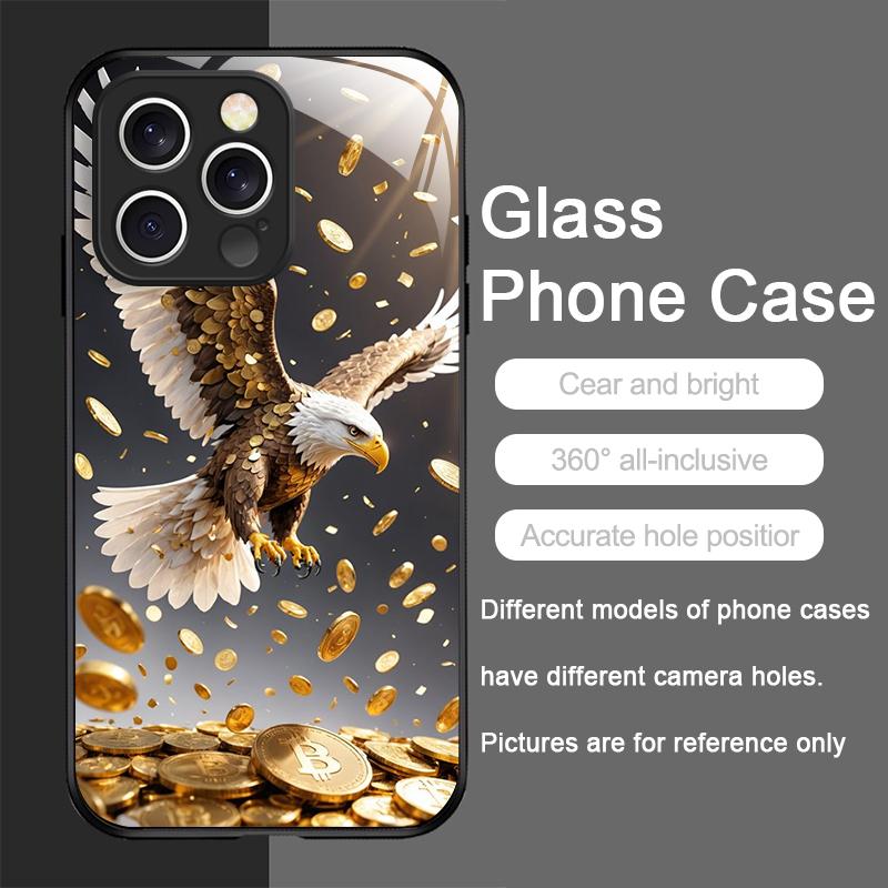 Stylish Eagle Golden Diamond Pattern Tempered Glass Phone Case for IPhone 17 16 Pro Max 15 14 13 12 Mini 11 X XS 7 8 Plus Cover