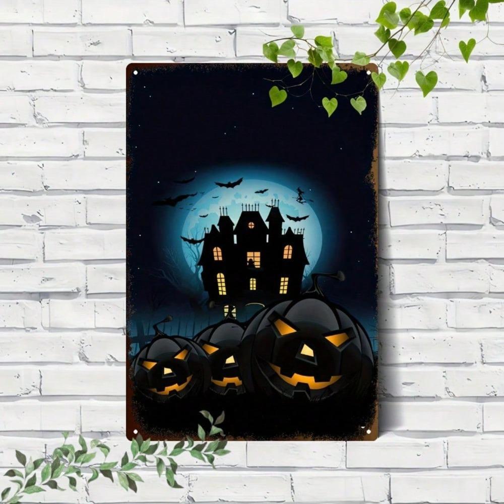 Halloween 2D Flat Metal Sign, Castle Pumpkin Pattern 8x12 Inch Waterproof Wall Art, Vintage Hanging Decor Indoor Outdoor