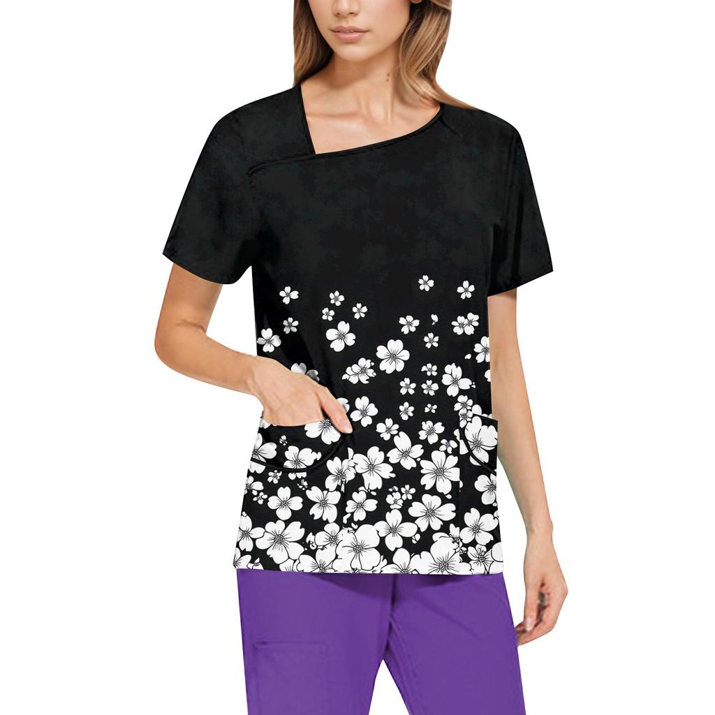 Dámské potištěné pracovní oblečení, šikmý límec a dvojité kapsy, základní top pulovr