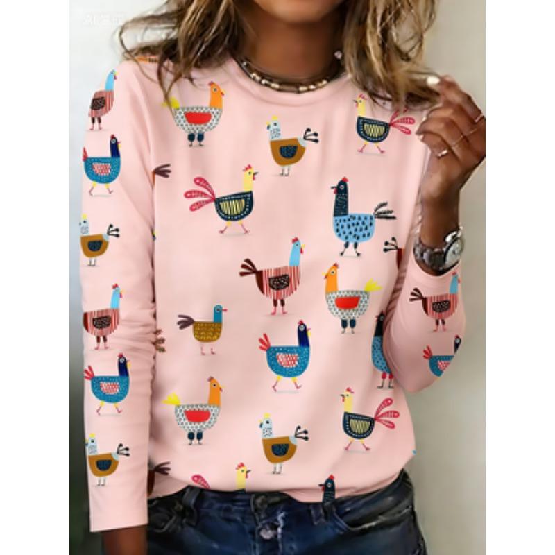 Women's Casual Short Sleeve T-Shirt - Colorful Cartoon Chick Print Round Neck Regular Machine Washable Top for All Seasons