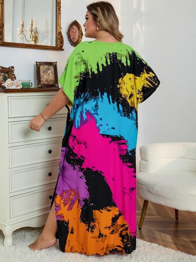 V Neck Bohemian Plus Size Printed Kaftan Dress Women Classy Long Vacation Swimsuit Cover Up