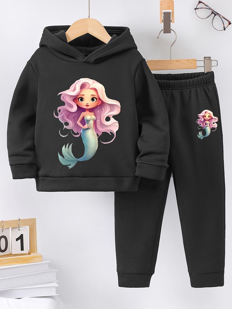 2sets Fashion Girls Sweet Cute Casual Autumn/Winter Mermaid Print Warm Fleece Hoodie and Tracksuit Pants