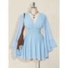 European and American new deep V waist dress, horn sleeve short fashion mesh sexy solid color skirt