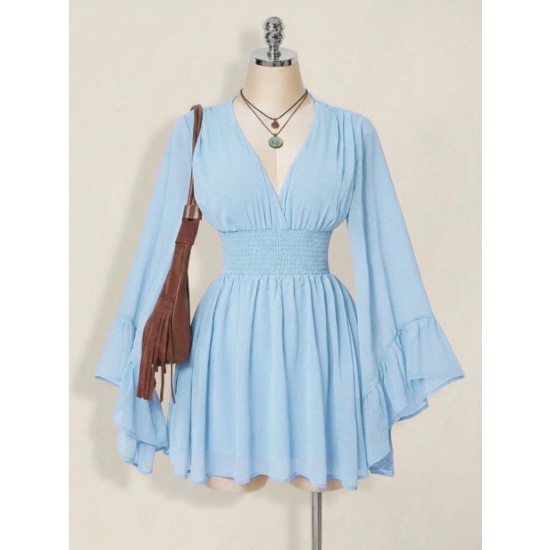 European and American new deep V waist dress, horn sleeve short fashion mesh sexy solid color skirt