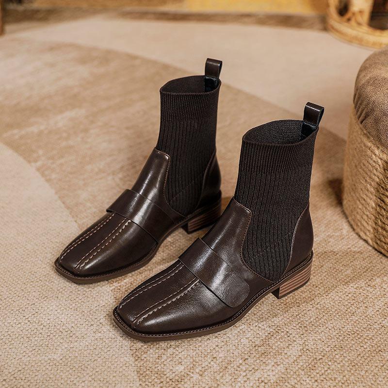Elastic Socks Boots Knitted Short Boots 2025 New Autumn and Winter Retro Brown Low-heeled Medium Boots Square Head Thick Heel Thin Boots