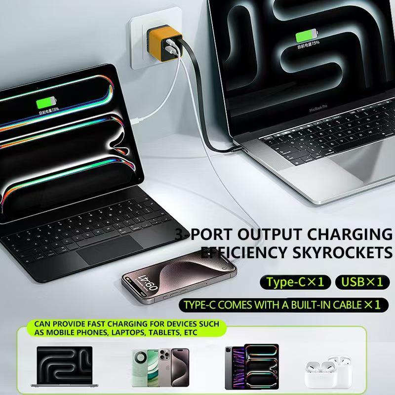 Dual Port Foldable GaN Charger with Retractable Cable for Fast Charging Apple, Huawei, Xiaomi Devices