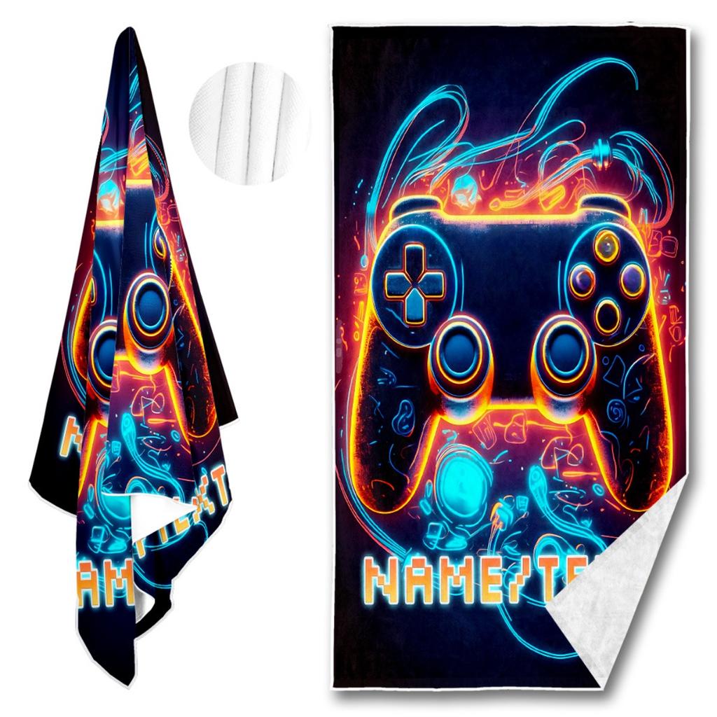 Custom Game Controller Beach Towel Personalized Name Neon Gamer Microfiber Bath Towel 160x80cm Quick Dry