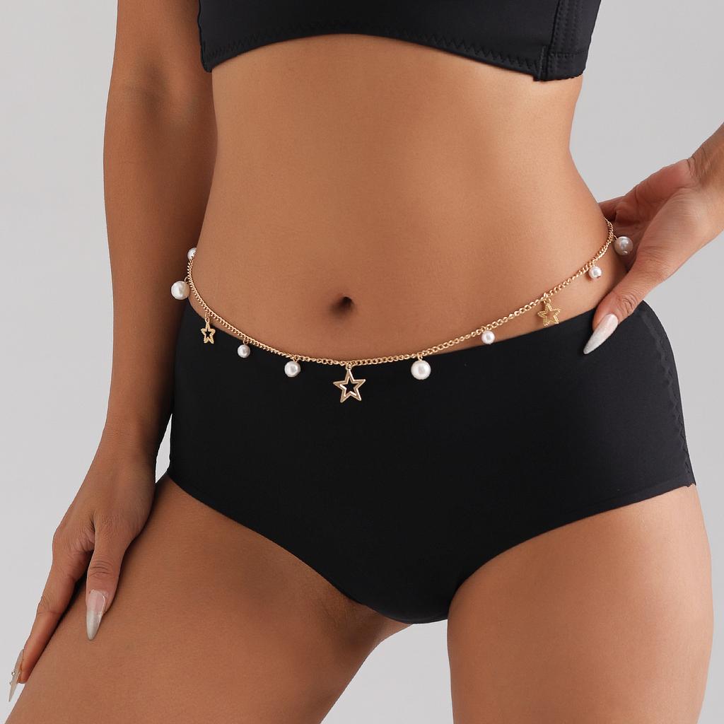 Fashion sweet and cool single-layer imitation pearl five-pointed star pendant waist chain, versatile and simple body chain