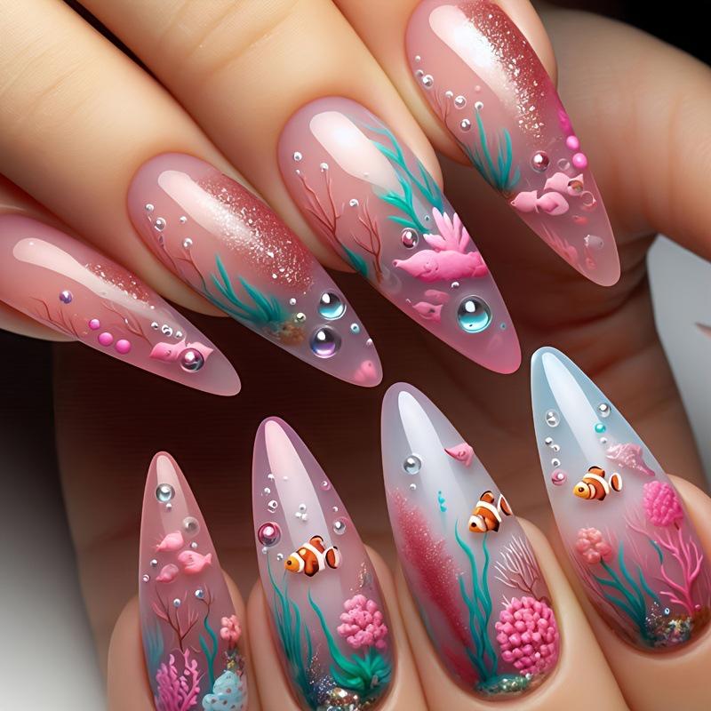 Pink Underwater Coral Medium-Length Wearable Nails - Set of 24, Detachable and Ready-to-Use розовый