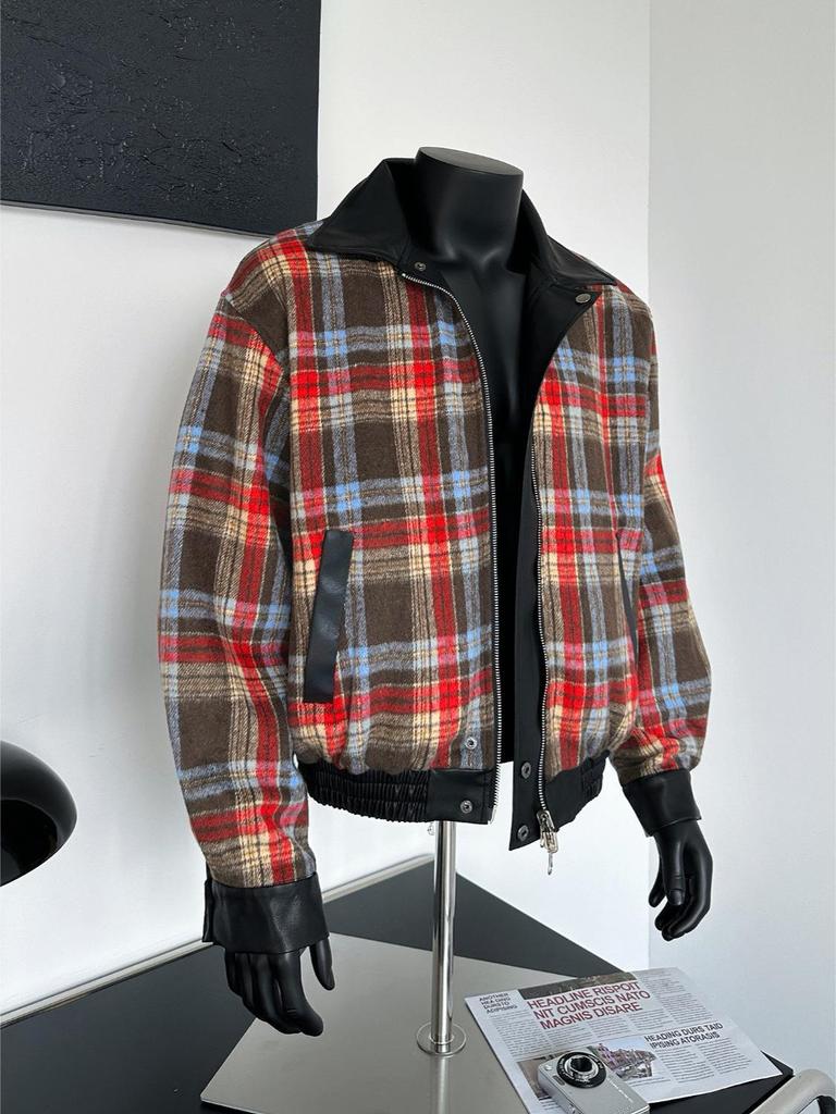 Men's Retro Loose Plaid Reversible PU Leather Jacket - Trendy American Spring/Autumn Outerwear