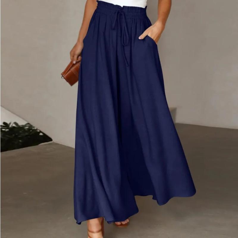 Einfarbige Damenhose mit elastischem Gürtel, weites Bein, hohe Taille, lange Culottes