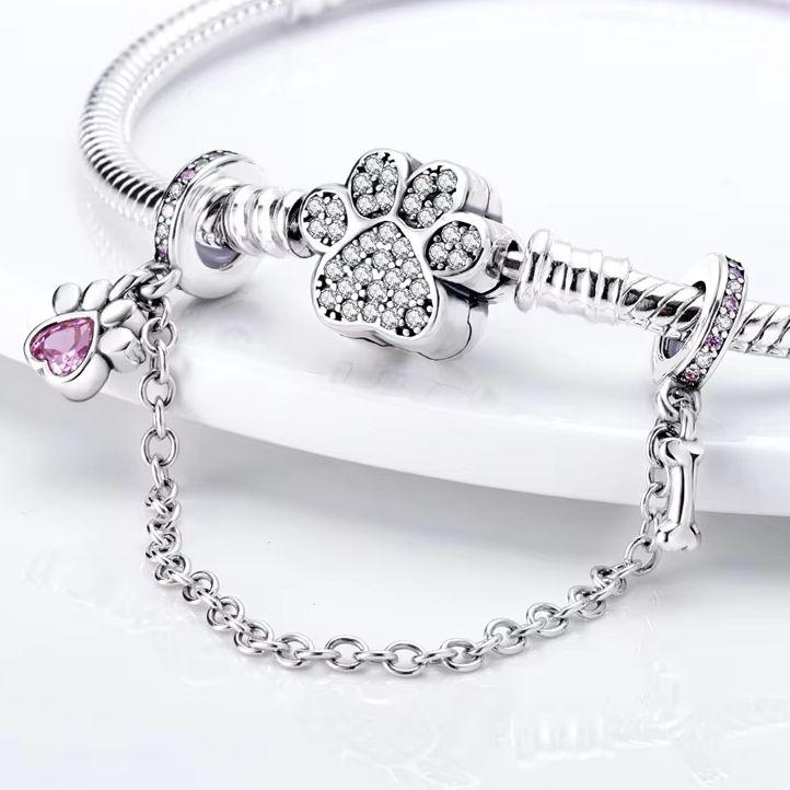 New 925 Silver Safety Chain Moon Flower Star Dangle Charm Fit Original DIY Bracelet For Women Girl Jewelry