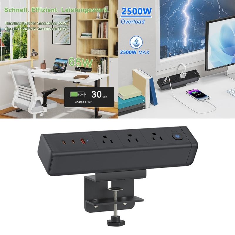 Multiports Desktop Charging Station With 65W USB C 3AC Outlets Clamp On Designs Power Strips For Dorm Room Offices