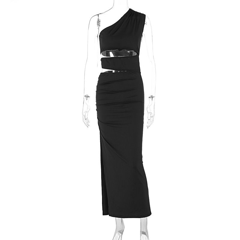Fashion 2024 Summer Pure Color New Arrival Slim-Fit Oblique Shoulder Sexy Cutout Sexy Split Irregular Dress