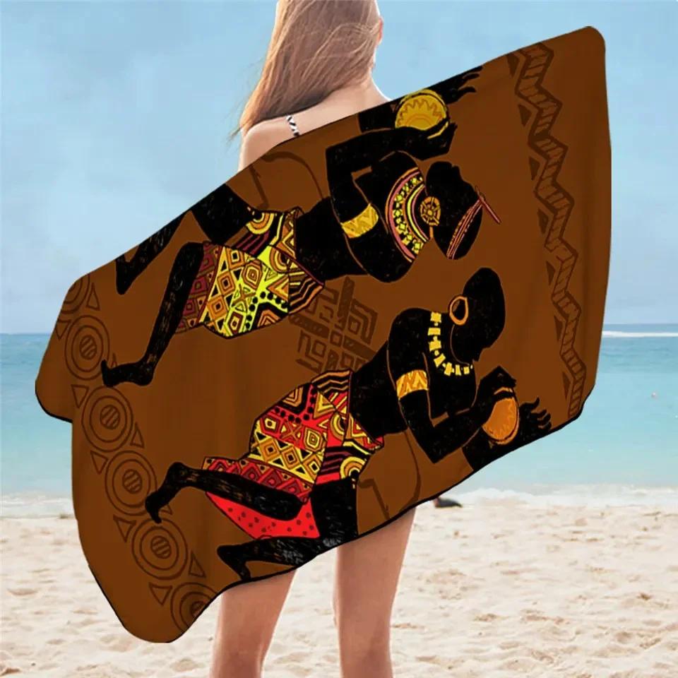 African Woman Beach Towel Bathroom Quick Dry Desert Geometric Sunblock Artworks Exotic Adult Towel for Yoga Camping Gym Hotel