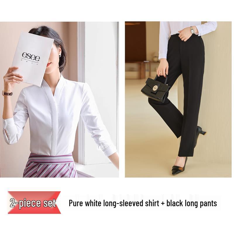 Women's White V-neck Professional Flight Attendant Shirt: Interview and Workwear Suit for Airline and Hotel Staff