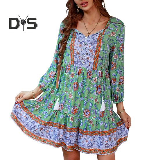 Damen-Boho-Kleid mit Blumenmuster, lässig, langärmelig, fließend, kurzes Kleid, lockerer V-Ausschnitt, Knopfleiste, A-Linien-Kleid, Mini-Strand-Sommerkleid