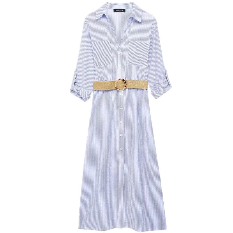 

Fashion Style 2024 Spring New Women with Belt Stripes Shirt Style Mid Length Long Length Dress 8351025 044 Figure Color L