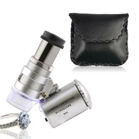 LED Jewelry Glass Microscope 60X Magnification Magnifier Lens Loupes Pocket Mini UV Light for Inspecting Diamond Stamp etc