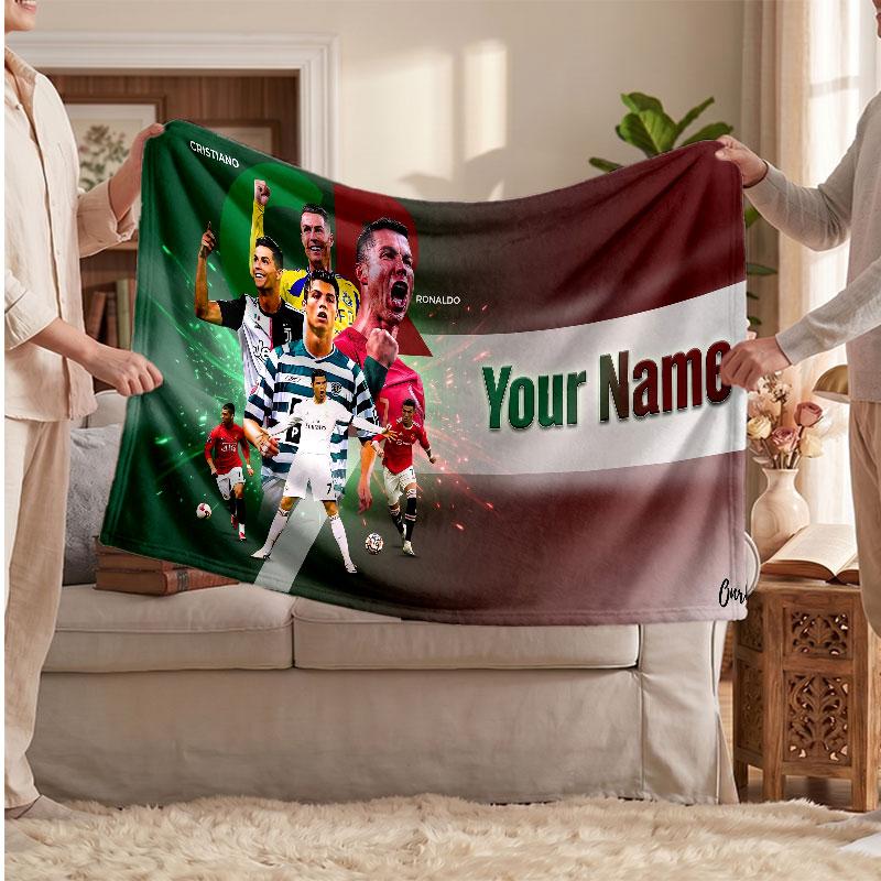 Coperta Personalizzata in Pile Cristiano Ronaldo con Logo Calcio, Testo Nome Personalizzato Morbida Calda Coperta da Divano per la Casa