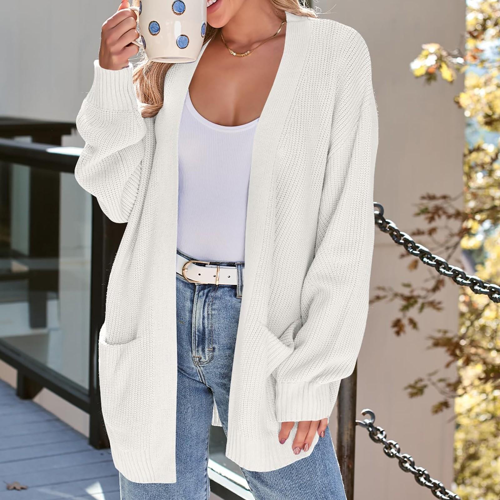 

Женский кардиган, вязаный свитер, открытый спереди, повседневный, с длинным рукавом, легкие кардиганы с карманами M белый