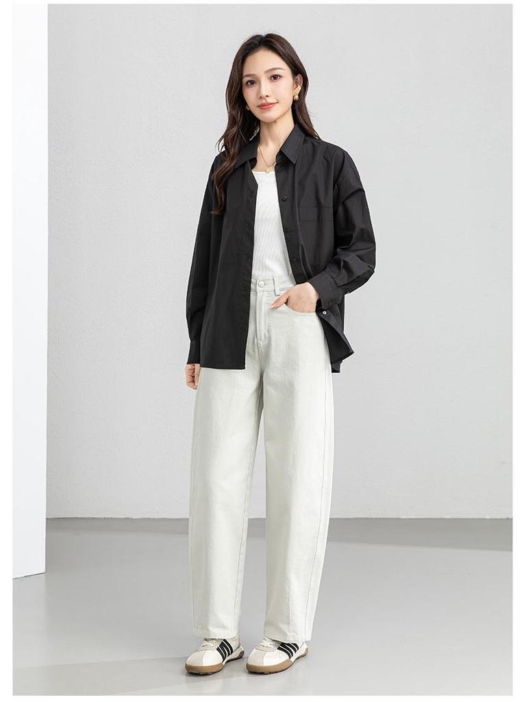 Yi Fei Spring 2026 White Cotton Formal Shirt: Business Commuting Lapel, Long Sleeve, Waist-Cinching, Loose Fit