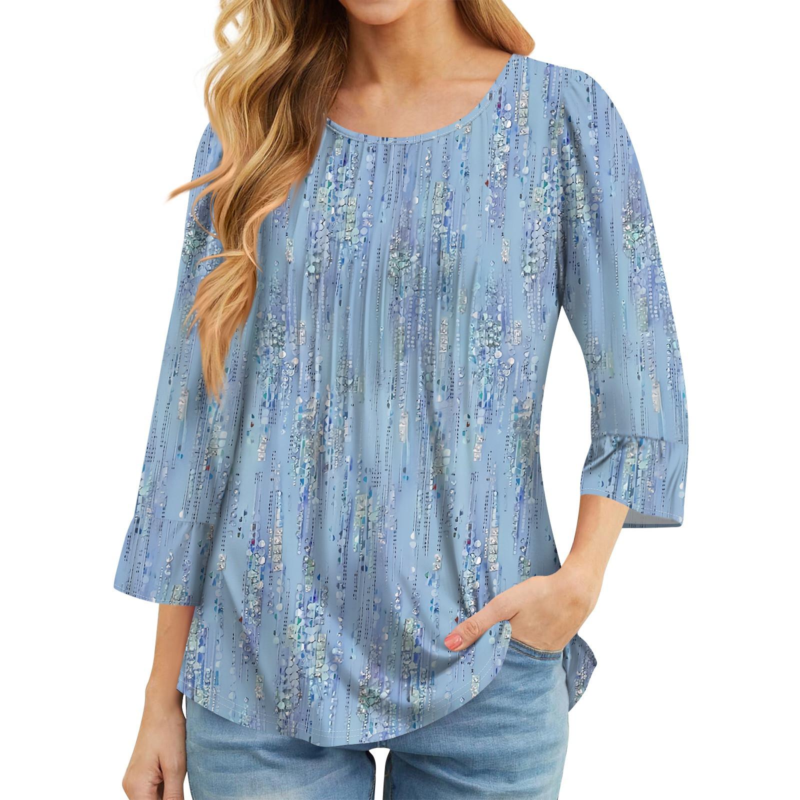 

Женские топы с рукавами-колокольчиками 3/4, летние плиссированные рубашки с круглым вырезом, модные нарядные повседневные блузки-туники свободного покроя XL