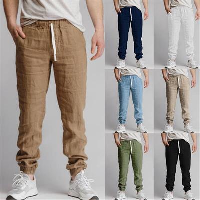 Fashion New Men's Casual Trousers Cotton Linen Cross-border New Solid Colour Drawstring Sports Leisure Breathable Drawstring Trousers