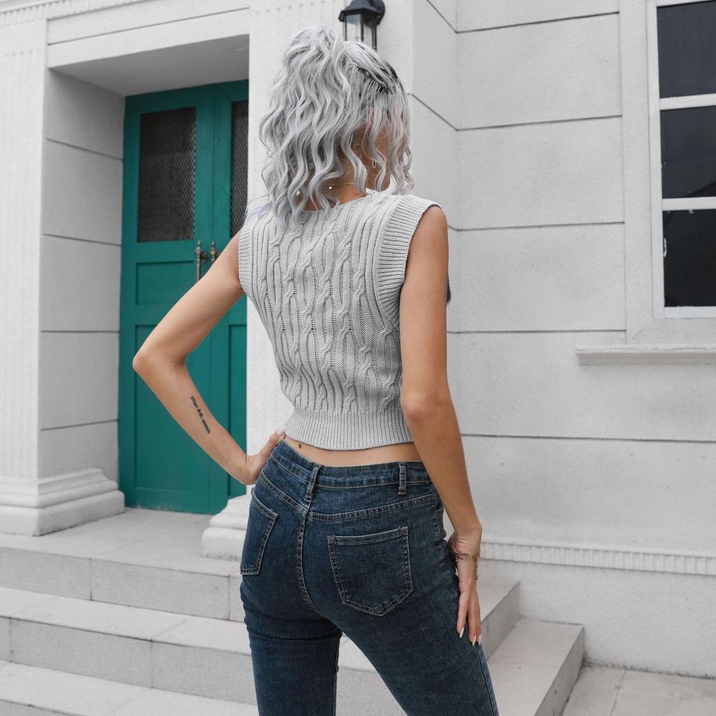 GMXIA Women's Fashion Casual Solid Color Print Sleeveless V-Neck Knitted Vests