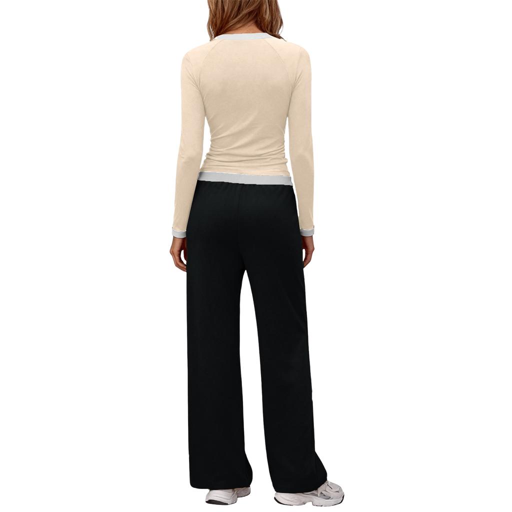 Women's Long-Sleeve Casual Sports Two-Piece Set With Loose Wide-Leg Pants
