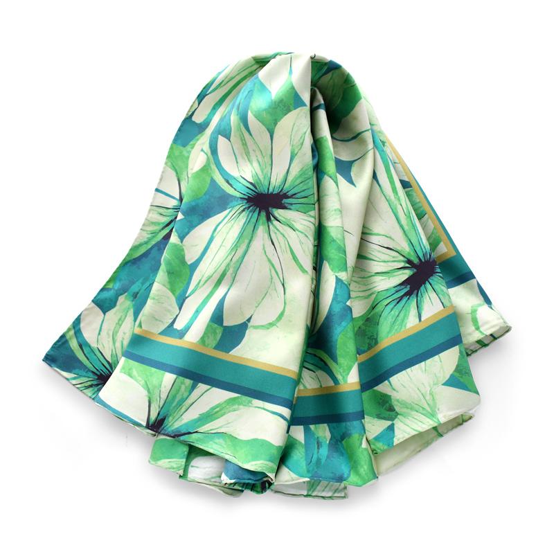 Green Flowers 100% Natural Silk Scarf Women Twill Shawl Wrap Bandana Hijab Luxury Gifts Headband Square Kerchief 90CM