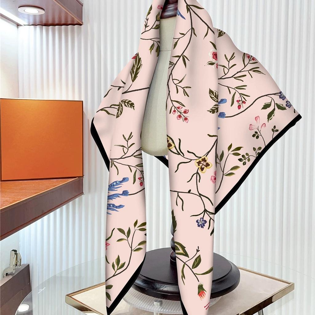 French Style 90CM Square Twill Scarf Shawl Hijabs Luxury Plant Floral Printed Bandana Foulard Neckerchief For Ladies