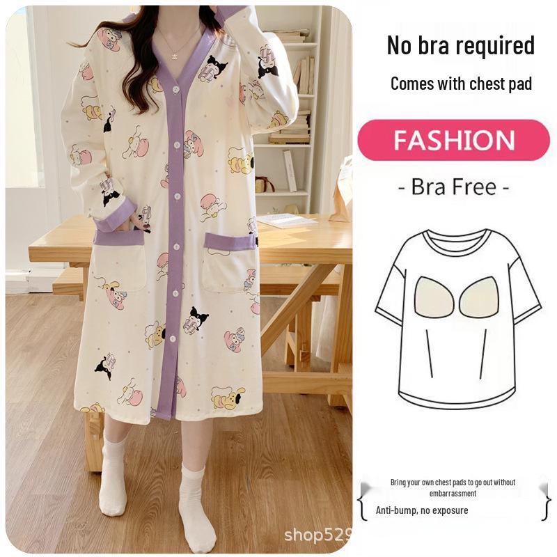 Breathable Maternity Nightgown with Built-in Bra for Labor, Breastfeeding, & Postpartum - Spring & Autumn Style