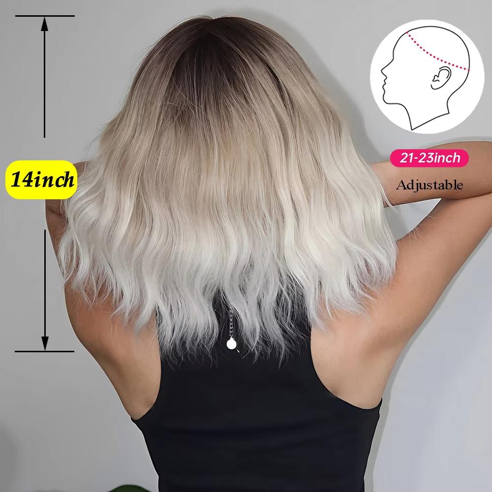 EASIHAIR Light Brown To Platinum Ombre Synthetic Wigs for Women Short Wavy Cosplay Lolita Natural Hair Wig with Bangs Heat Resistant