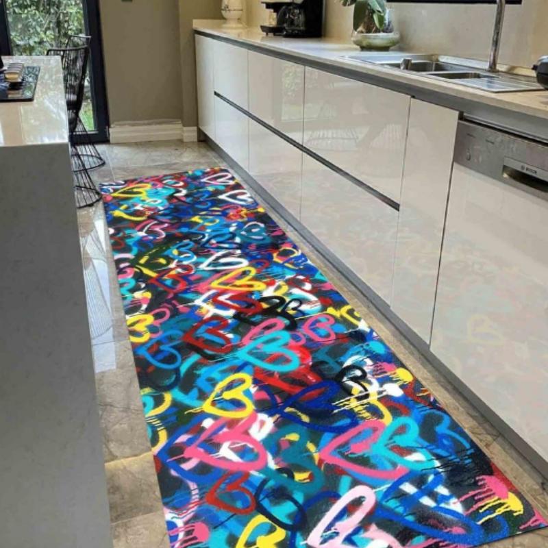 Cartoon Colorful Rainbow Heart Print Runner Rug Non-Slip Floor Mat for Room Hallway Bedroom Cute Valentine Home Decor