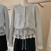 Korean Fashion Crew Neck Sweet Lace Waist Tuck-up Sweater Spring Autumn Knitted Cardigan Loose Slim Fit Top Elegant Casual Jackets Lace-up Clothing
