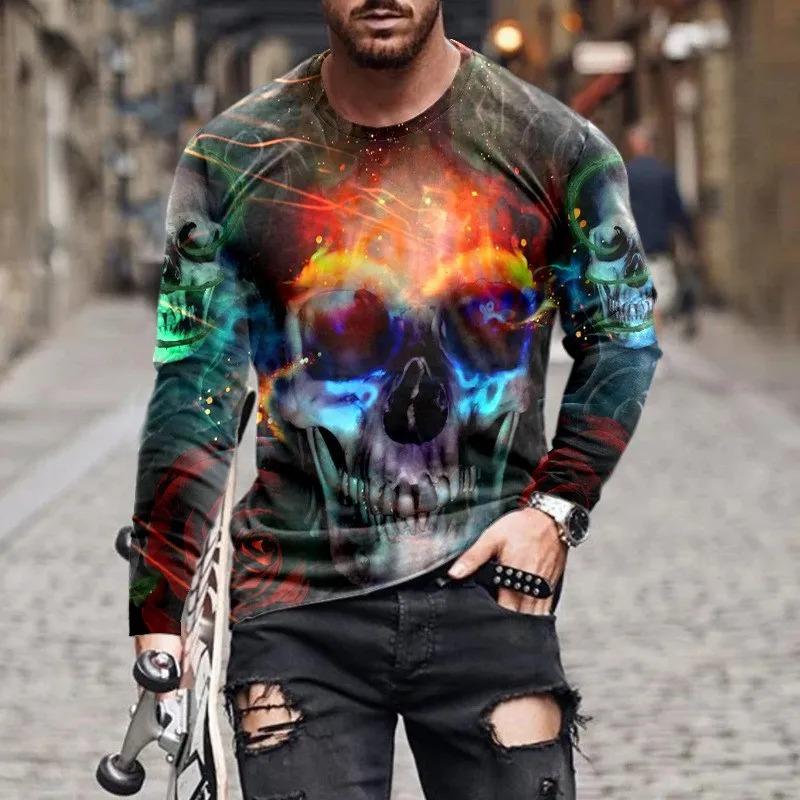 Męskie Koszulki z Graficznym Czaszką Długi Rękaw Szkielet 3D Print Street man t shirt jesień Dekolt Okrągły Casual Y2k Top oversize Męska odzież