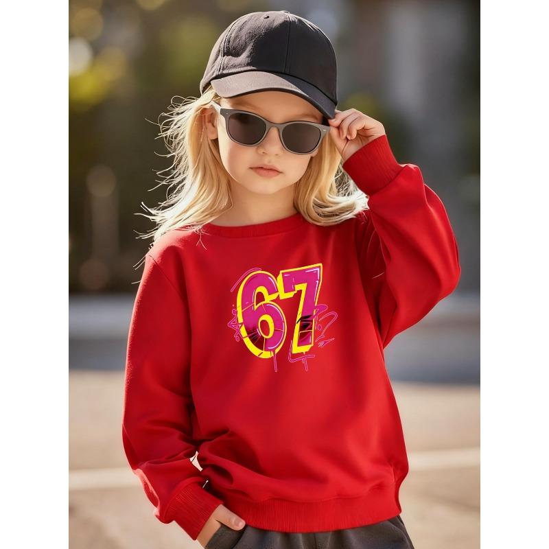 Kids Unisex Black Crewneck Sweatshirt, Graffiti Pink Yellow 3D 67 Number Print Long Sleeve Pullover, Casual Sweatshirt for Boys Girls Over 4 Years Old